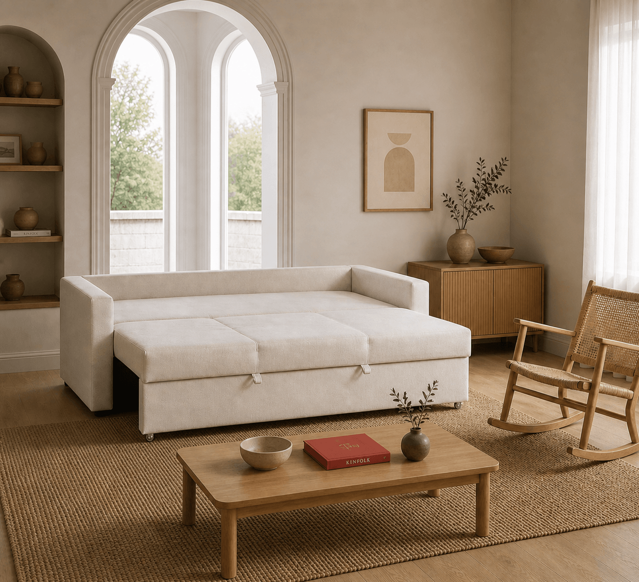 Sofá Cama Góndola abierto en beige