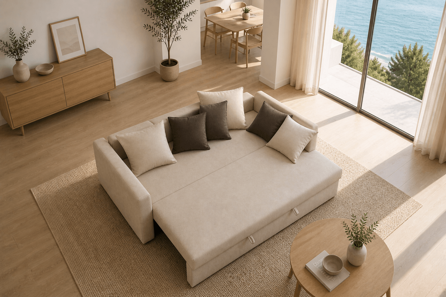 Sofá cama Veneto en tonos beige abierto