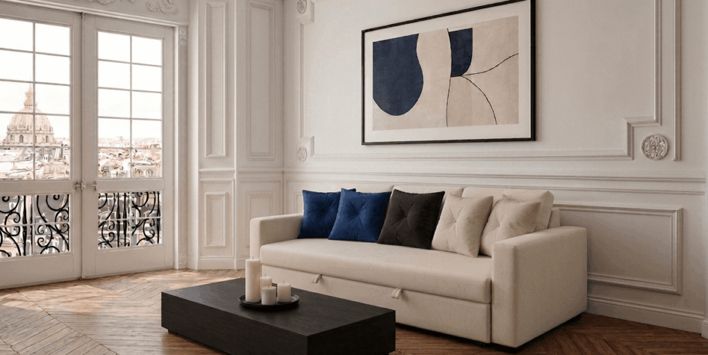 Sofá Venetto cerrado en tonos beige y azul