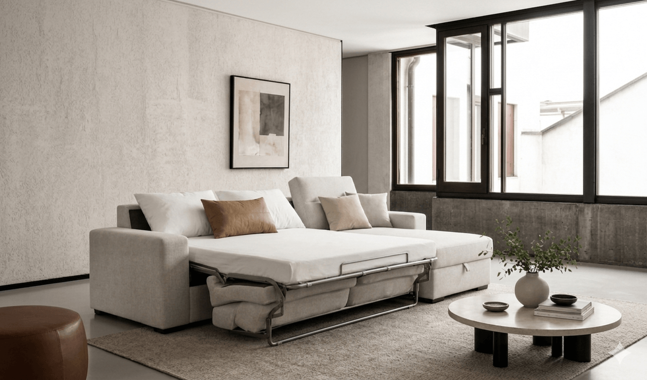 Sofá cama con chaise longue modelo Roma abierto